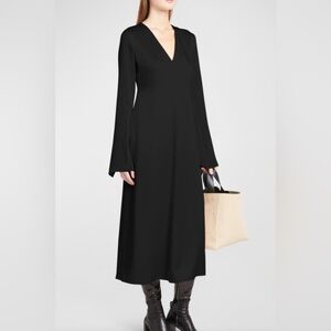Jil Sander V-Neck Long-Sleeve Satin Midi Dress. Size 8. $1880Black.Nieman Marcus